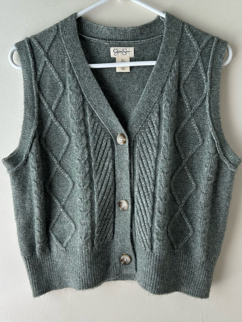 Jessica Simpson Cableknit Sweater Vest Cottagecore Grannycore Green L